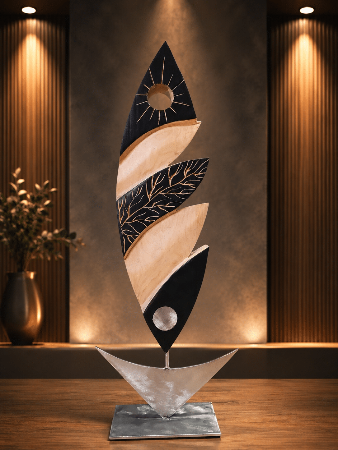 Sculpture en acacia représentant une feuille abstraite ou un poisson avec des parties en bois clair alternant avec des parties en bois brûlé avec un rond en inox en bas et le tout posé sur un triangle en inox et sur un socle en inox