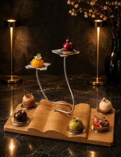 Sculpture en cerisier avec deux supports en carré et quatre ronds en inox pour poser des mignardises ou autre
