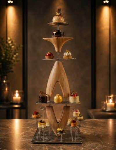 Sculpture en chêne avec supports en inox pour poser des mignardises ou autre