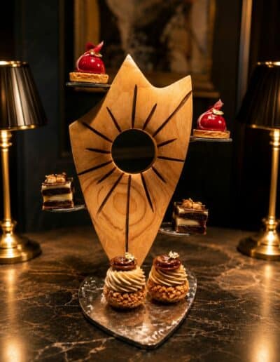 Sculpture en frêne avec quatre supports en rond et plateau en inox pour poser des mignardises ou autre