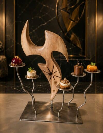 Sculpture en noyer avec quatre ou six supports en rond en inox pour poser des mignardises ou autre
