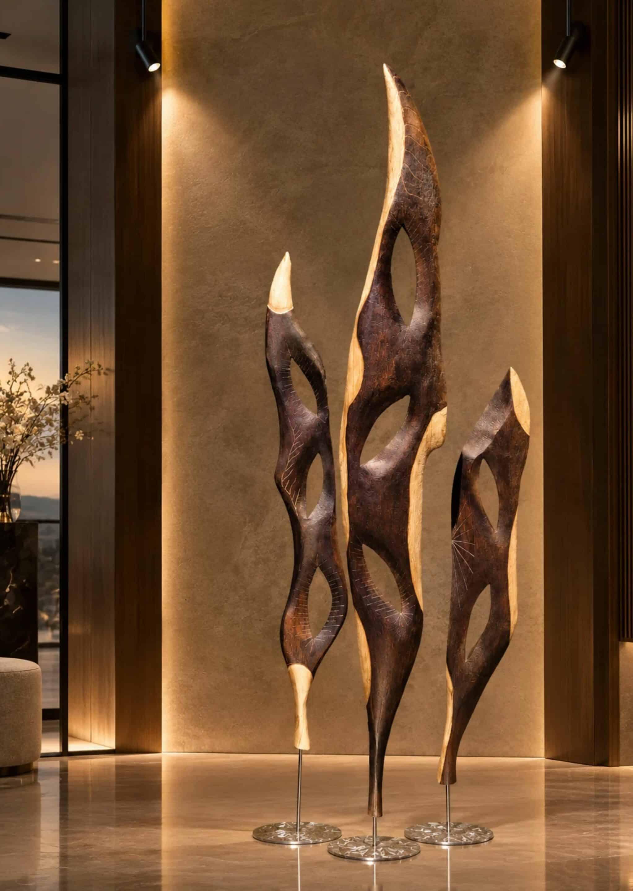 Les demoiselles-Olivine-sculpture-bois-inox-art Triptyque en bois et bois brûlé avec des ouvertures dans chaque partie de cette sculpture abstraite élancée
